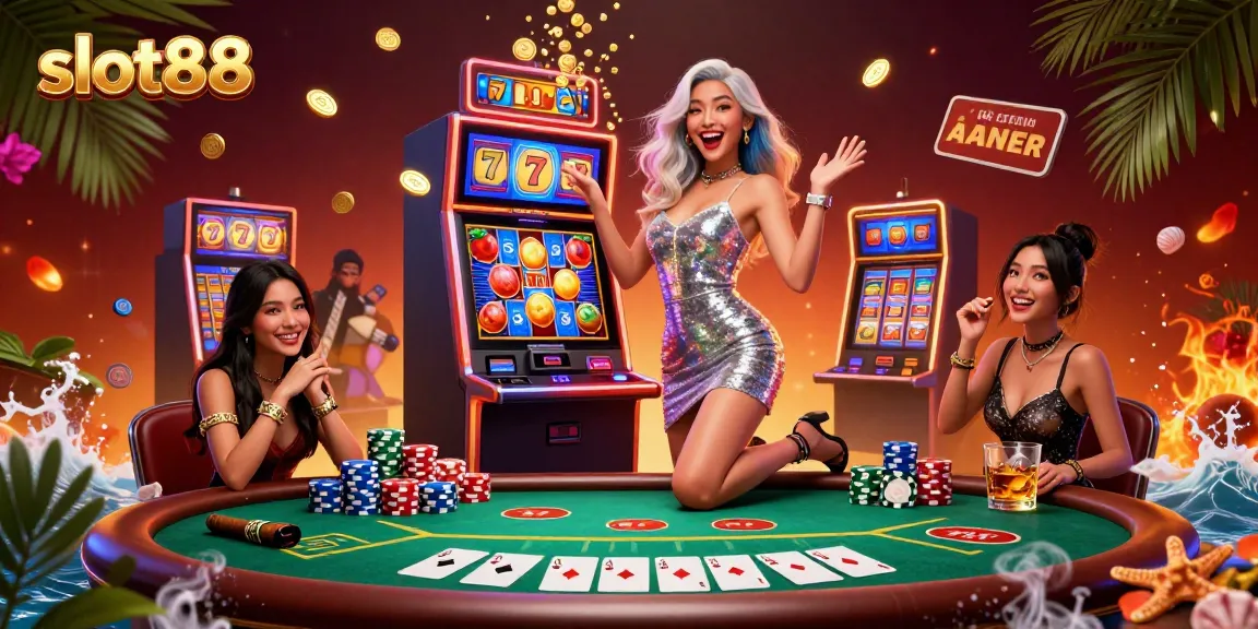 Saksikan kegembiraan slot88 dengan seorang wanita menakjubkan merayakan jackpot di tengah elemen kasino yang berwarna-warni.