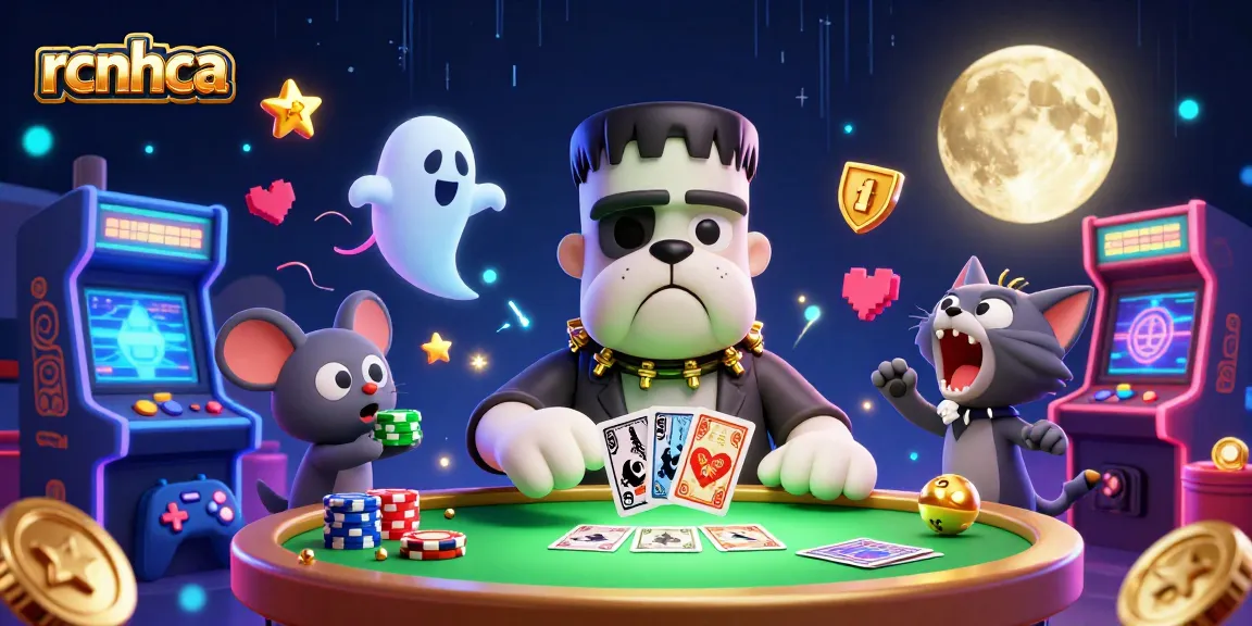 rcnhca showcases a lively 3D illustration of a Frankenstein bulldog in a casino setting, dealing cards