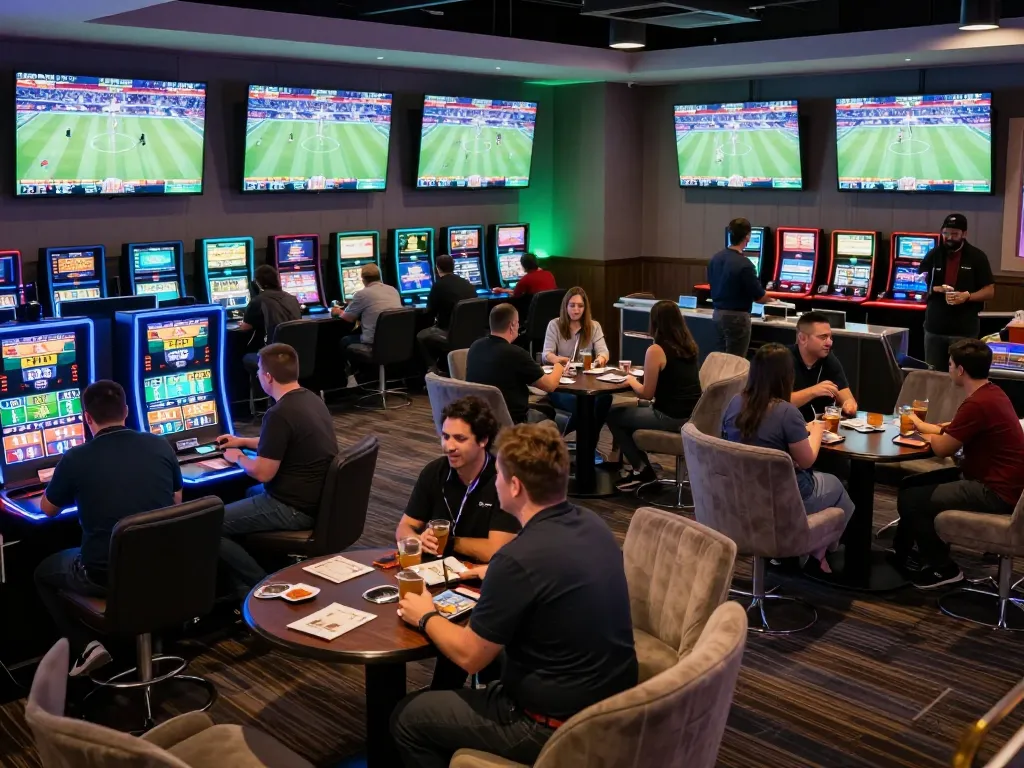 Betting action at https://123hero.pro/ showcased in a bustling sports lounge, patrons engaged and excited.