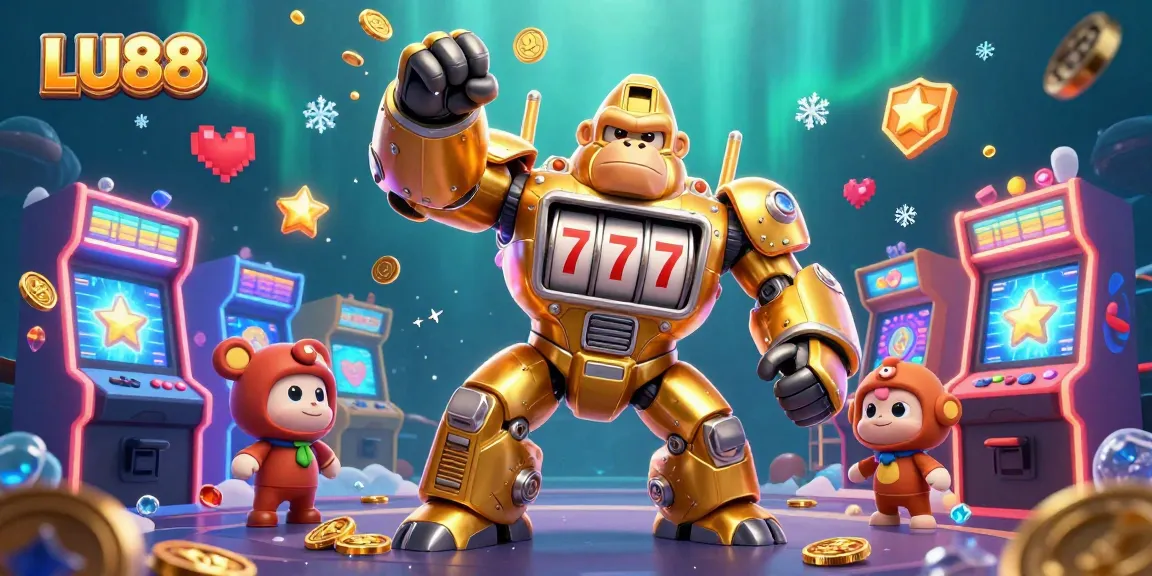 Engage with LU88's stunning 3D cartoon illustration of a golden gorilla mech launching coins, showcasing fun casino themes.
