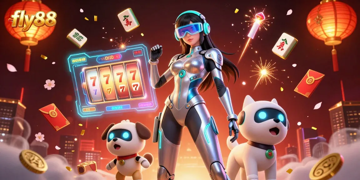 Experience thrilling gaming action at fly88 with vibrant slot reels, lucky 7s, and a dynamic casino atmosphere.