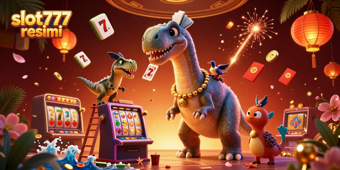 Engage with vibrant slot777 resmi gameplay showcasing a 3D brontosaurus amidst spinning reels and card dealing.