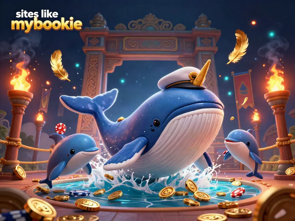 Play thrilling games like sites like mybookie with our 3D casino scene featuring a whimsical whale and poker dolphins.