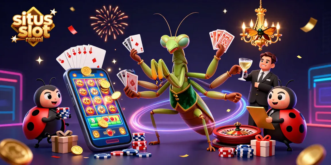 Engage in thrilling gameplay at situs slot resmi with a giant praying mantis and ladybug pit boss in a 3D casino setting.