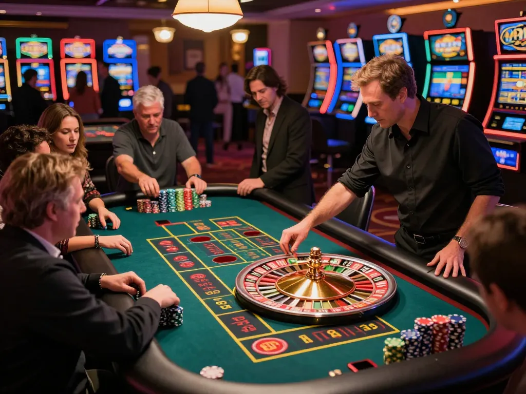 spinadvisor players placing bets at a roulette table in a vibrant casino atmosphere