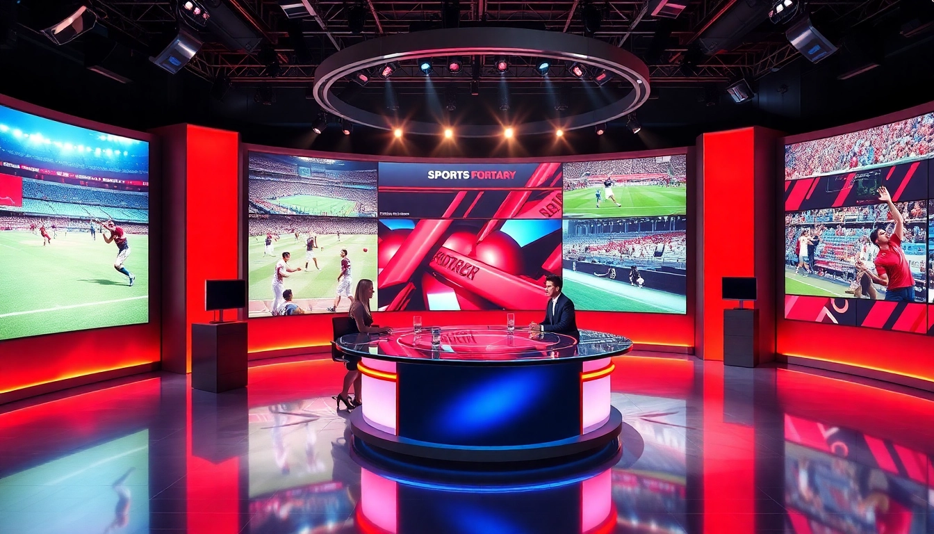 Engaging sports broadcasting scene showcasing hosts discussing live events with vibrant visuals.