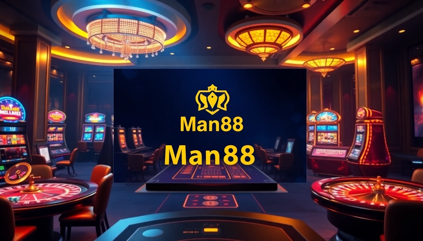 Experience the excitement at nhà cái Man88 with luxurious casino visuals and vibrant gaming elements.
