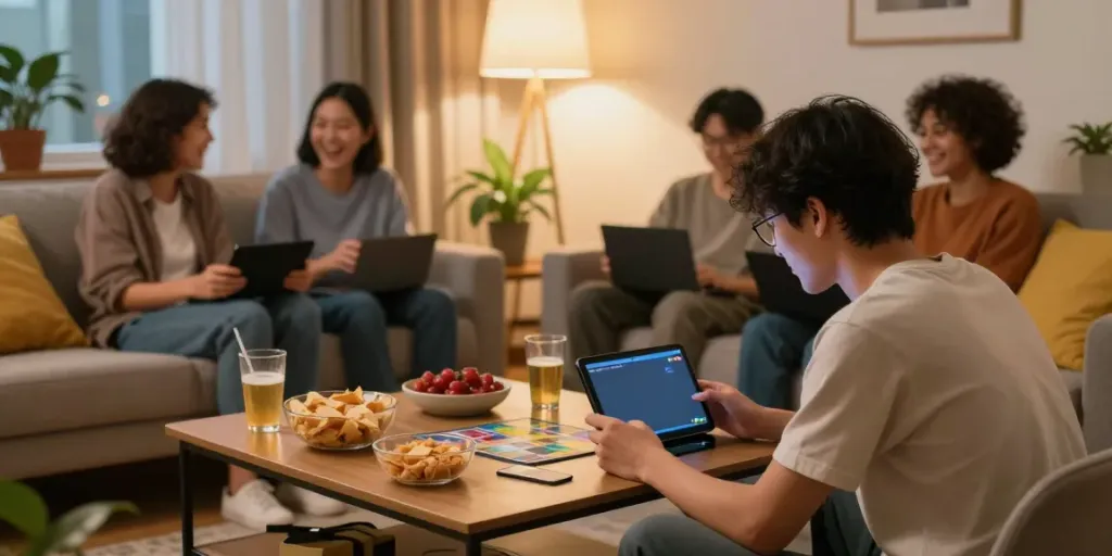 Casual gaming atmosphere with players enjoying Rumble Rummy on mobile devices.