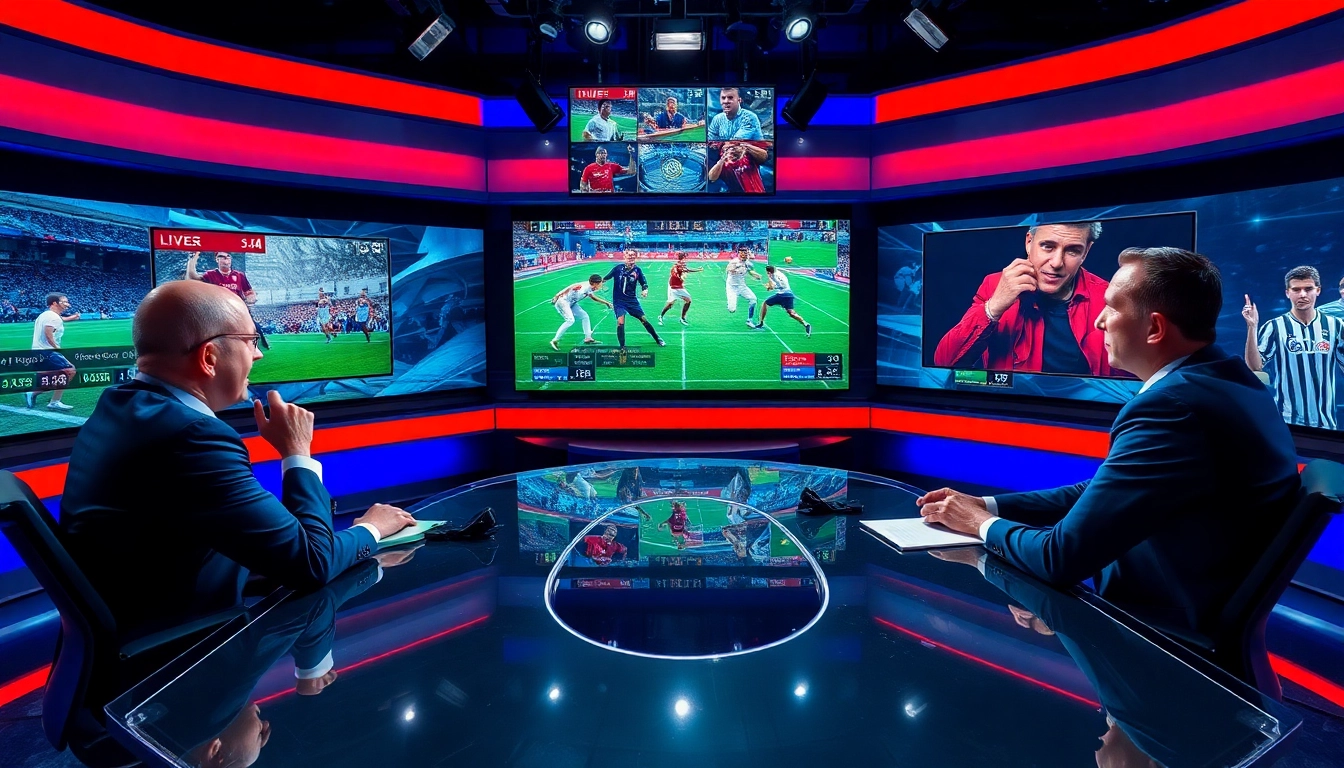 Engaging scene in sports broadcasting, hosts sharing insights on thrilling live events.