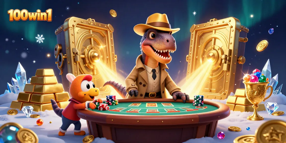 100win1 showcases a velociraptor card counter sneaking chips at a dynamic casino table.