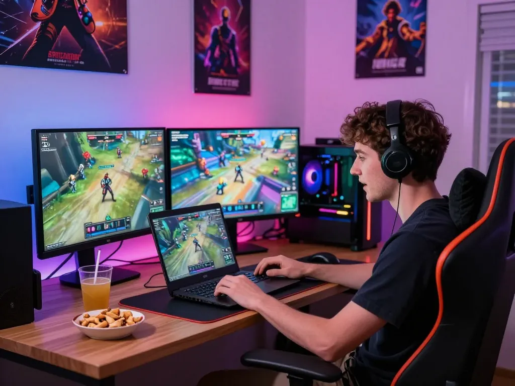 Engaging adult game scene with a gamer at a cozy setup enjoying interactive gameplay.