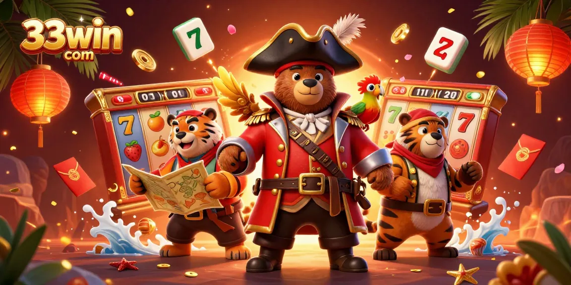 Experience winning excitement with 33win com in this vibrant 3D illustration featuring casino elements.
