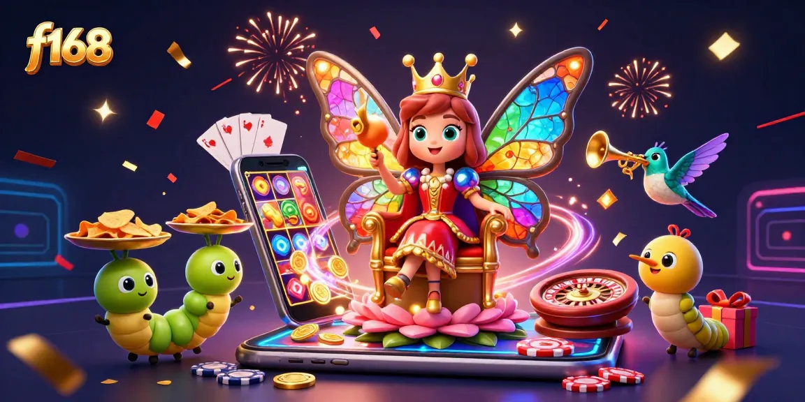 Experience exciting gaming at f168 with a colorful butterfly queen and vibrant gambling elements!