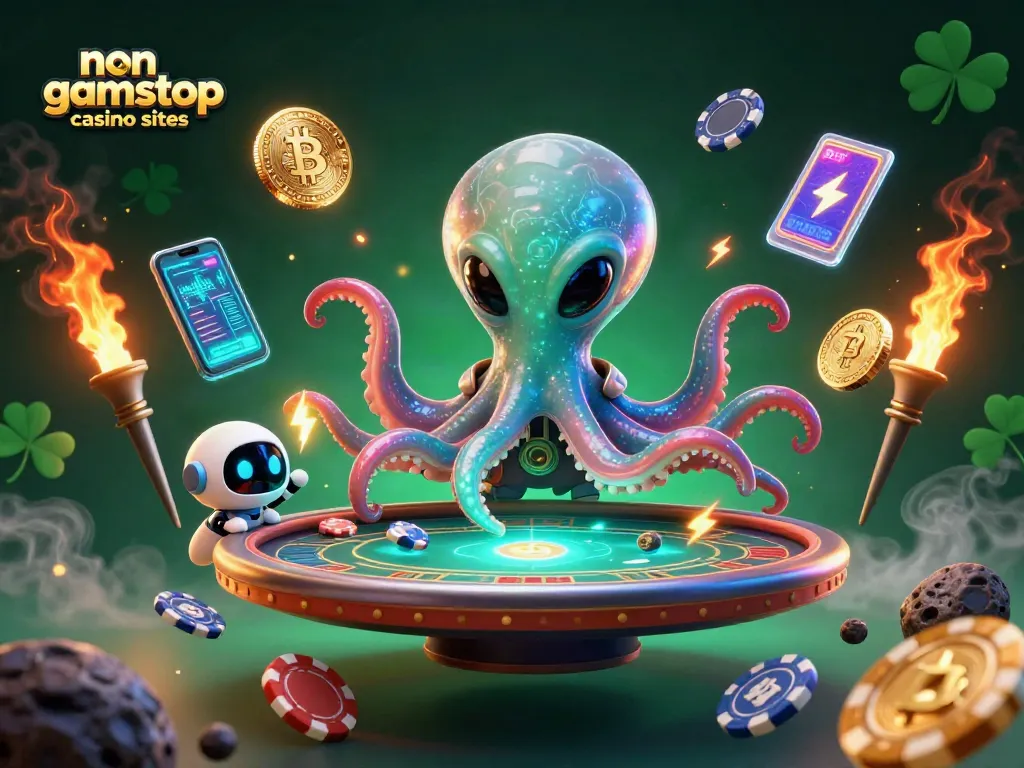 Engaging scene of non gamstop casino sites featuring a mystical alien octopus and robot with poker elements.