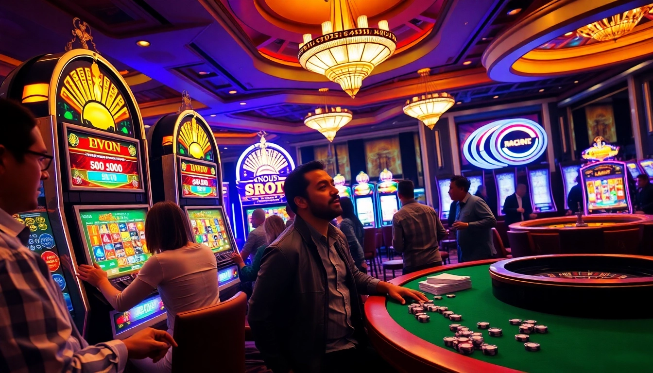 Excited players engaging with slot api raja 88 in a vibrant casino atmosphere.