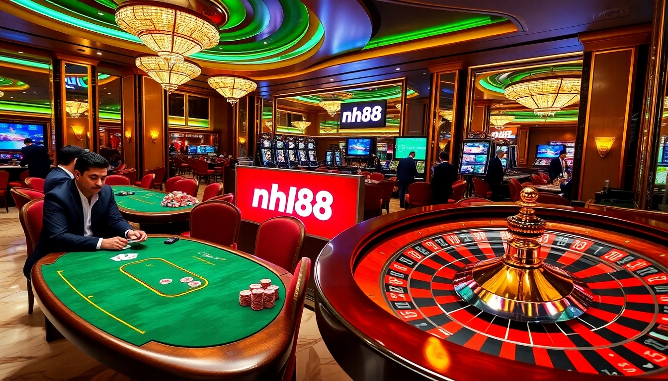 Experience excitement with nh88 at a vibrant casino, featuring poker tables and roulette wheels.