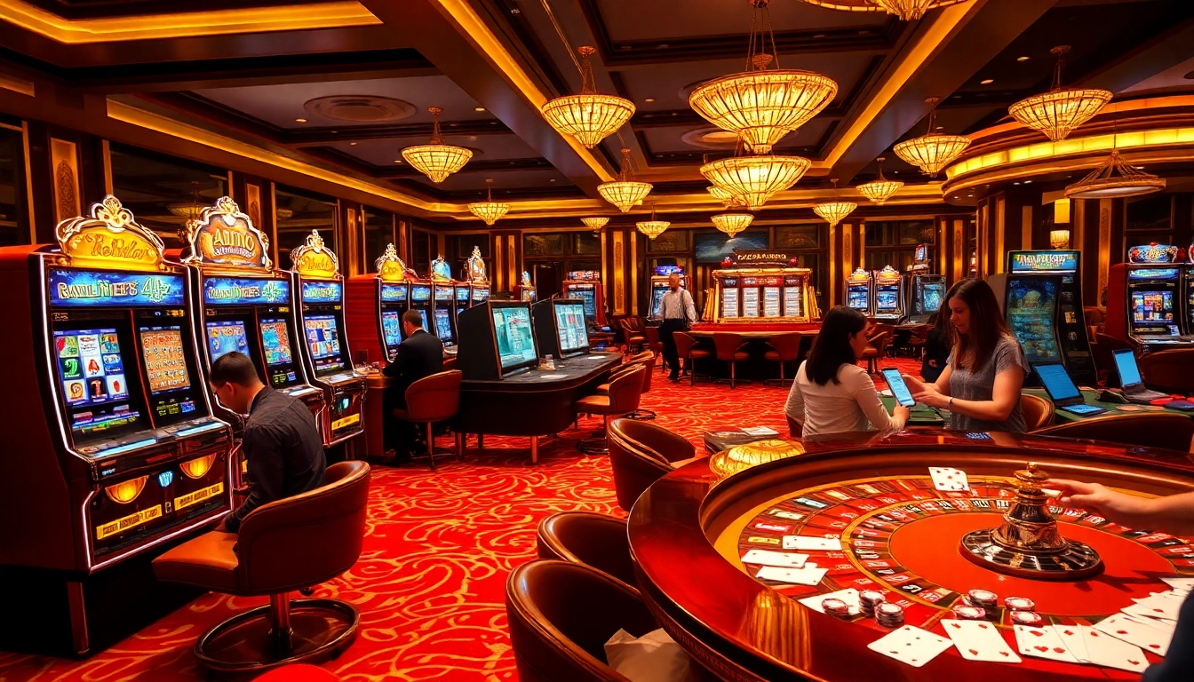The 24kclub app elevates the gambling experience with a luxurious casino setting, featuring players and slot machines.