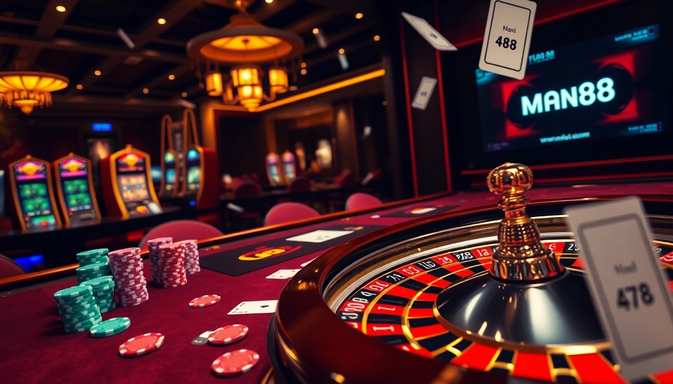 Experience the thrill of gambling at Man88 with vibrant poker chips and luxurious casino ambiance.