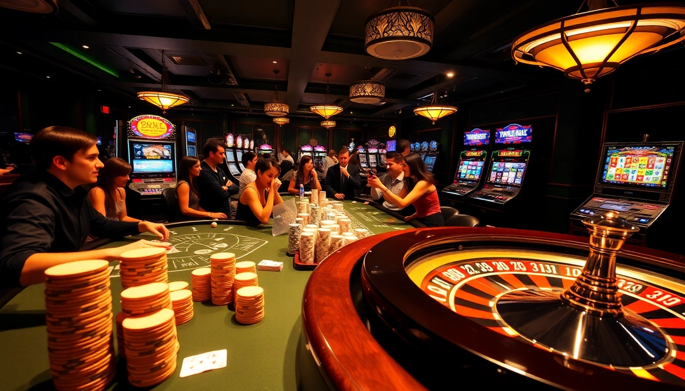 Excited players enjoying casino games at 789club with vibrant slot machines and poker tables.