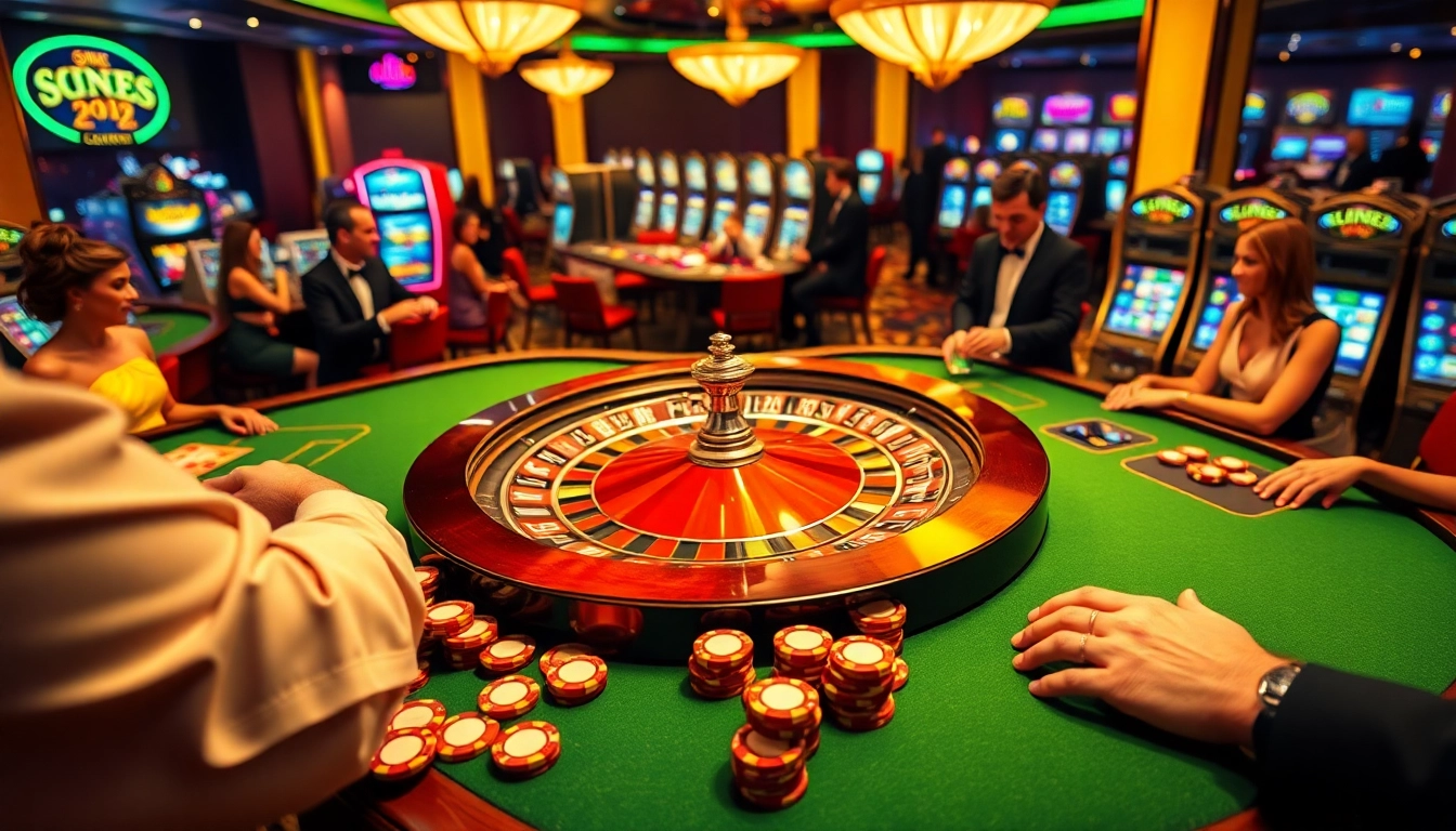 Players immerse in the thrill of gambling at https://kk55.blue/, surrounded by vibrant roulette wheels and poker chips.
