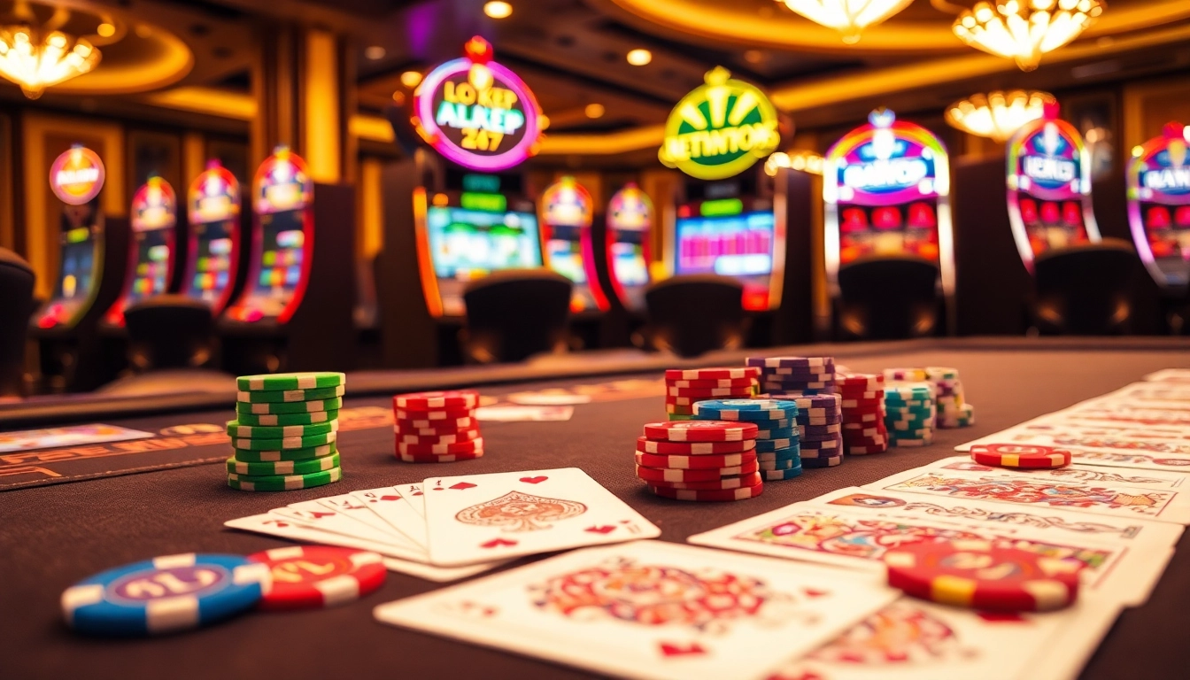 Engaging scene of online gambling with lô kép 247 cards and poker chips on a casino table.
