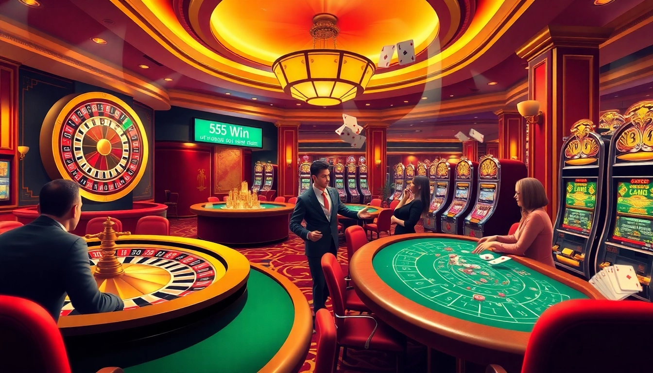 Experience the thrill of 555 win at an upscale casino with dynamic poker games and a vibrant roulette.