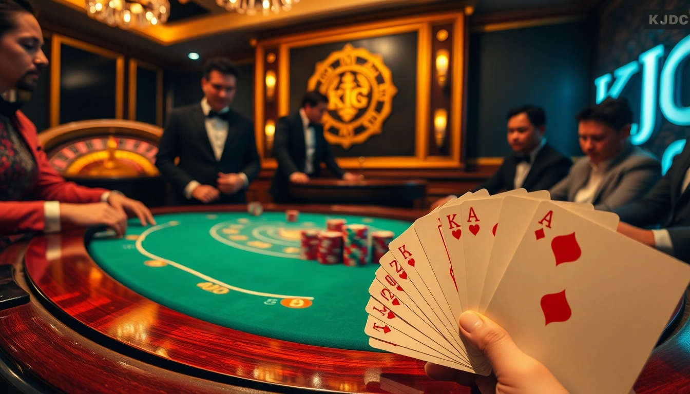 KJC poker table action with colorful chips and cards, showcasing excitement in a casino atmosphere.