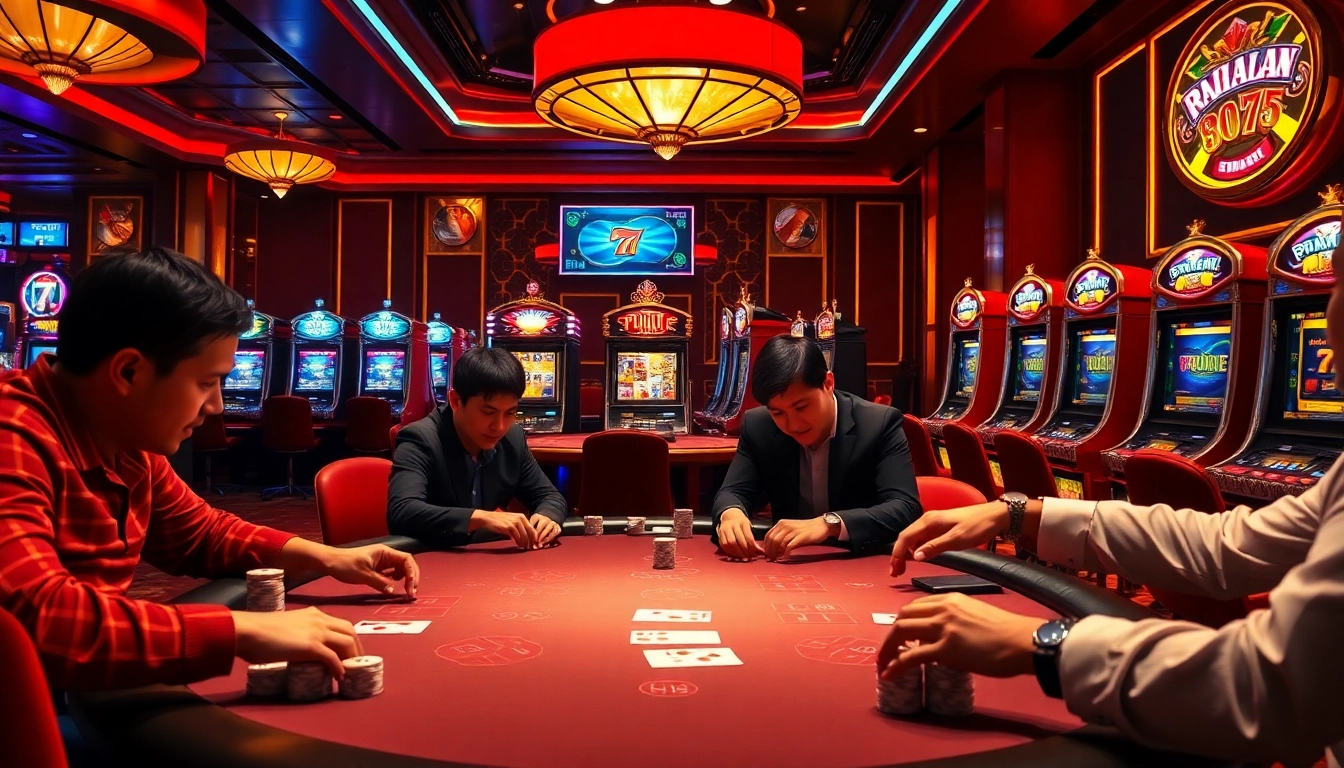 Pahala4d tables showcasing professional poker action with vibrant slot machines in a luxurious casino setting.