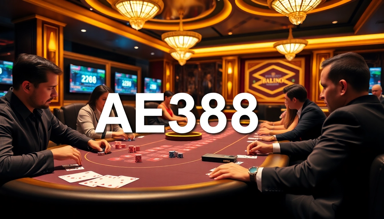 Image of a thrilling casino scene featuring AE388 with poker games and vibrant casino elements.
