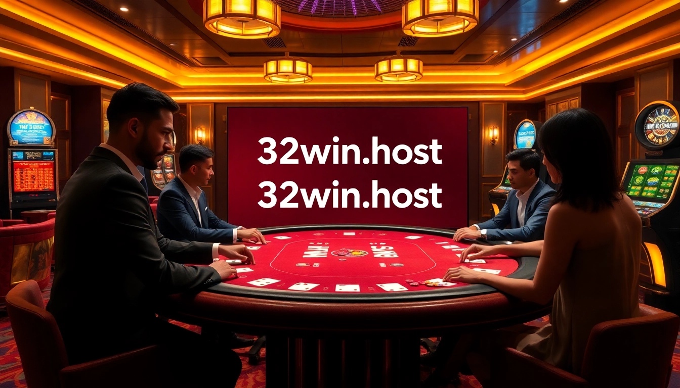 Players strategizing at a poker table while gambling with 32win.host online interface displayed.