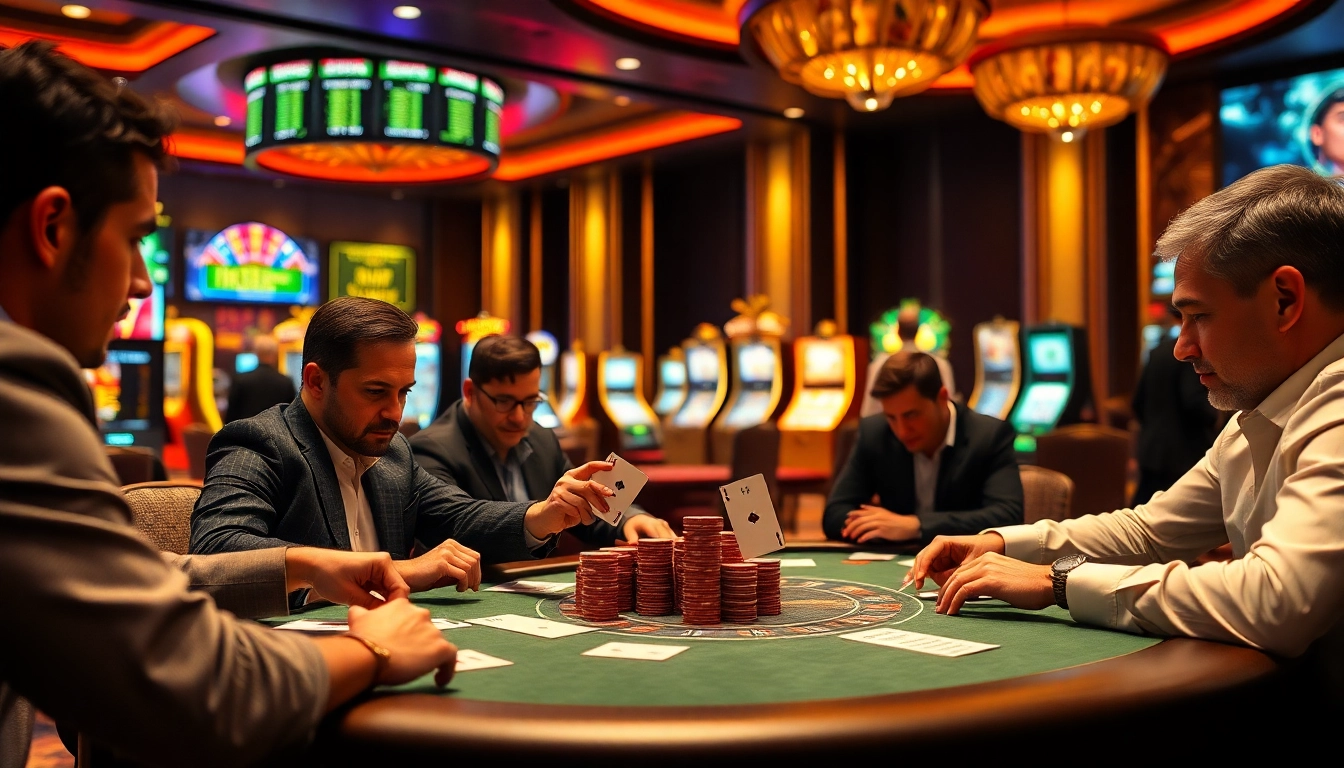 Players strategizing at a high-stakes poker game, emphasizing an exciting mm88com casino experience.