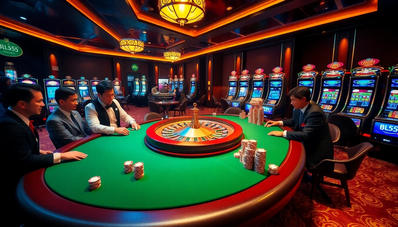 Engaging players at Nhà cái BL555 enjoy a vibrant casino experience with roulette, poker, and slot machines.