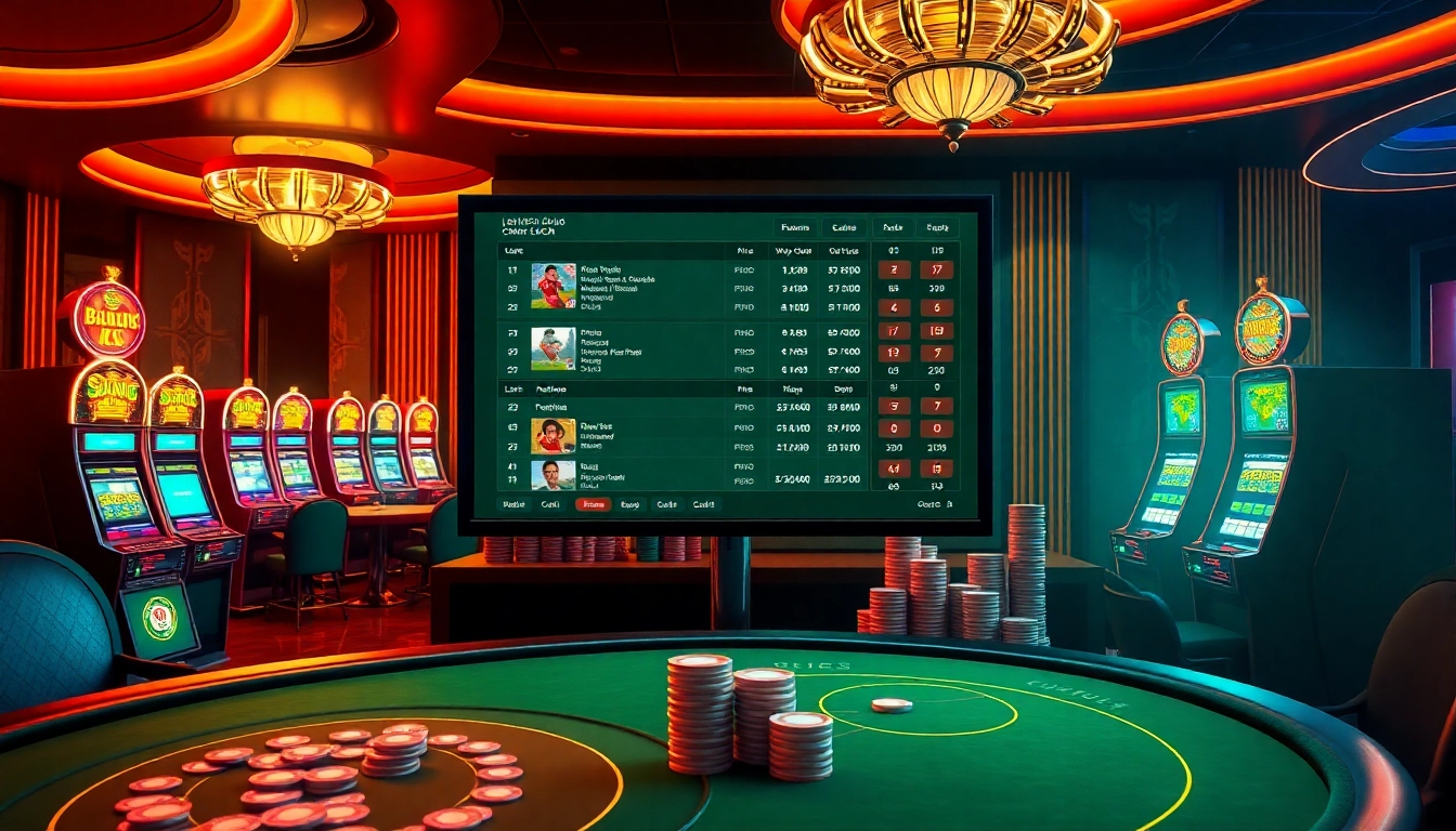 Kèo bóng đá nhà cái betting excitement with high-end casino tables and vibrant slot machines.