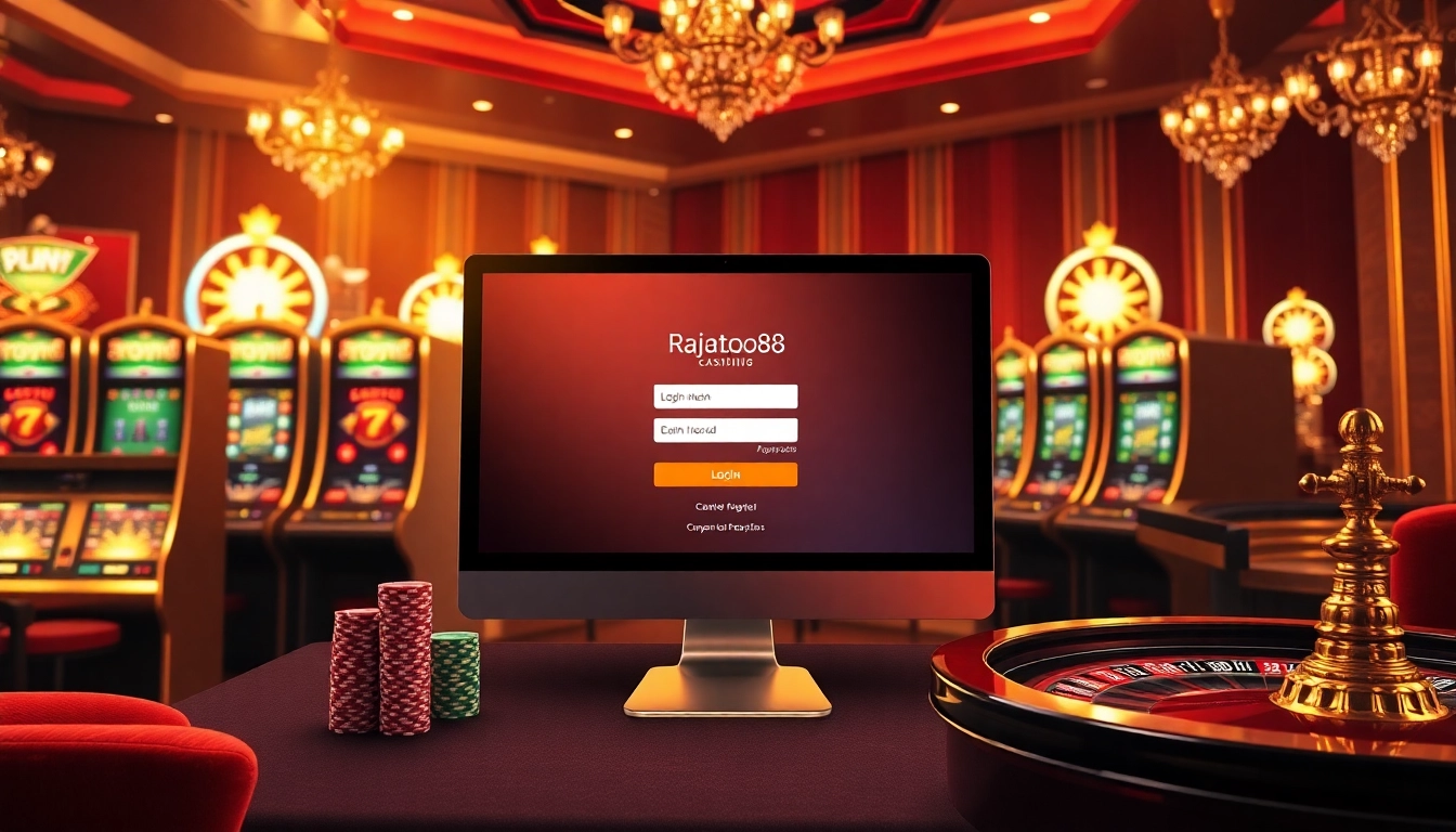 Access your gaming excitement with login rajatoto88 in a luxurious casino atmosphere featuring vibrant slots and roulette.