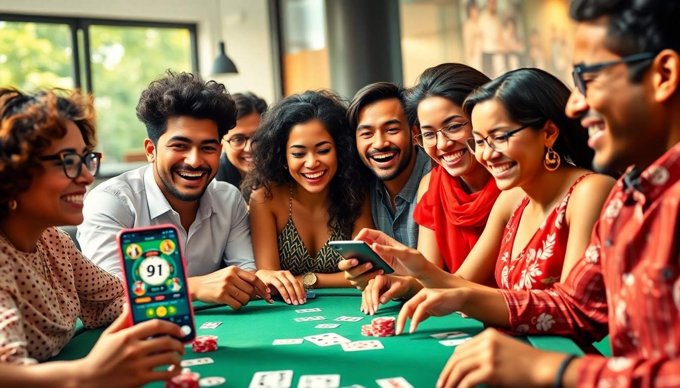 Engaging game of Rummy 91 with diverse players enjoying cards and technology