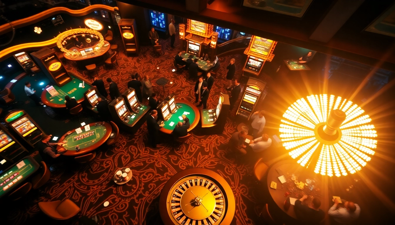 B52 club casino scene with players at poker tables and vibrant slot machines.