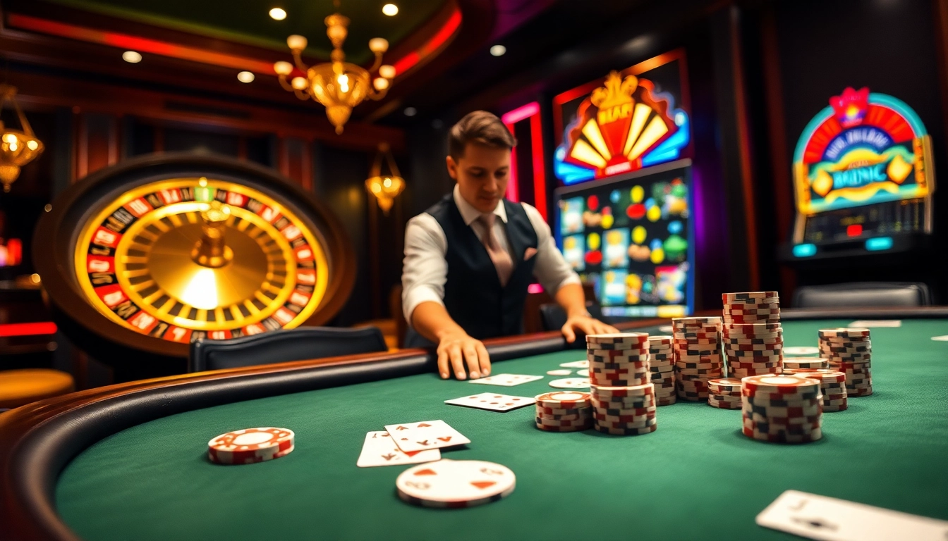 Engaging players at https://urr88.com/ poker table in a luxurious casino atmosphere.