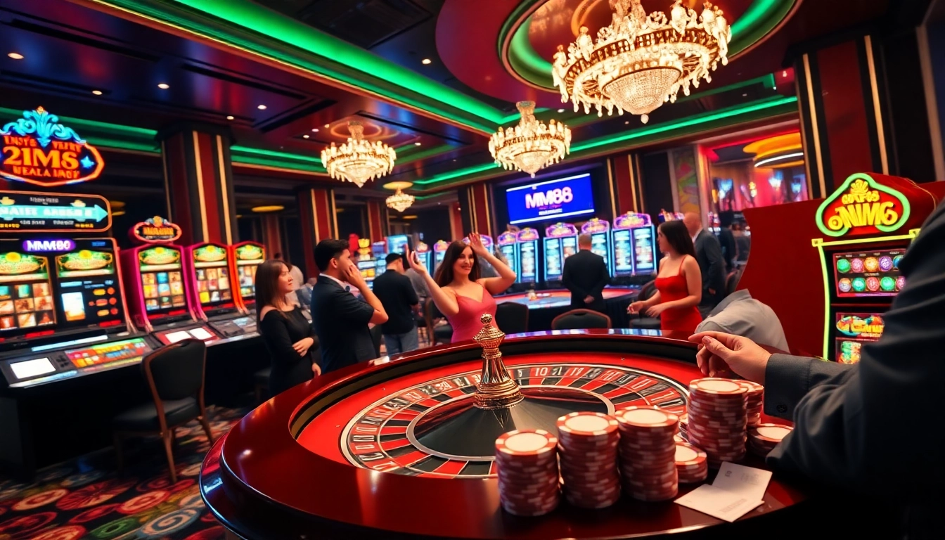 Engaged players enjoying the MM88 casino experience with vibrant slot machines and roulette tables.