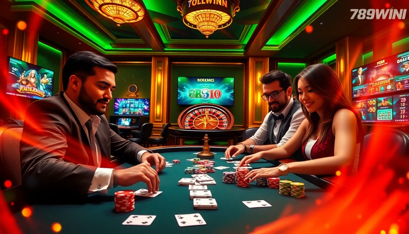 789WIN players enjoying an engaging poker game in a luxurious casino setting.