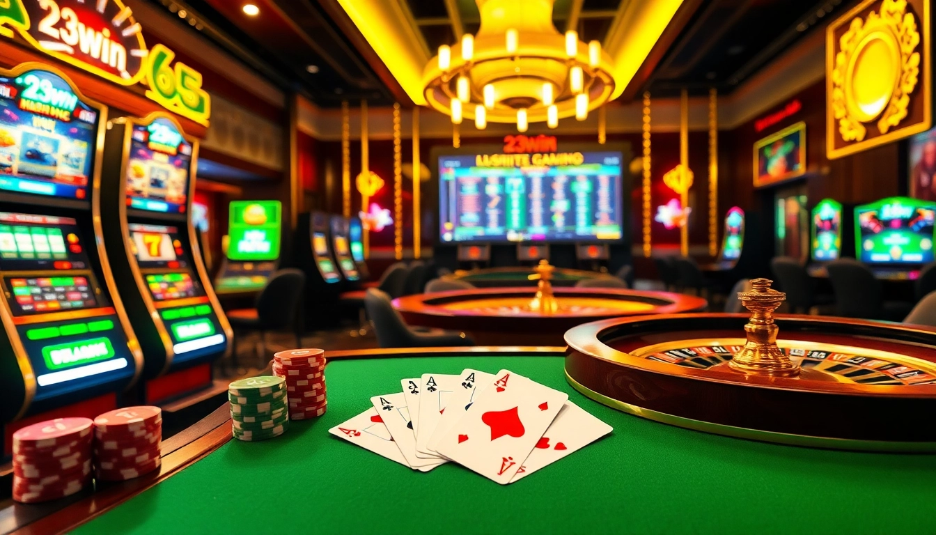 Experience the excitement of 23win with vibrant casino visuals showcasing thrilling table games and slot machines.