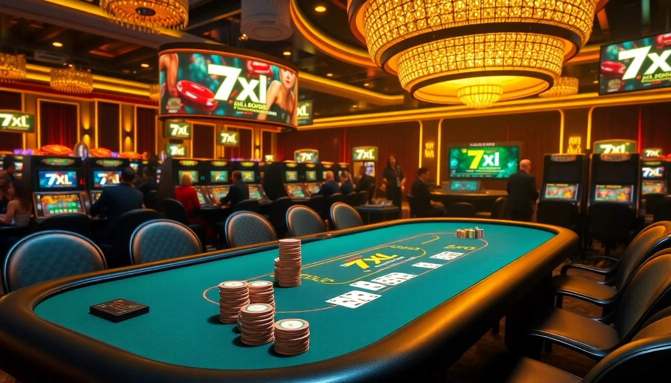 התרגשו משולחן פוקר 7xl עם שבבים וקלפים בפעולה, מוארים באווירה קזינו יוקרתי.