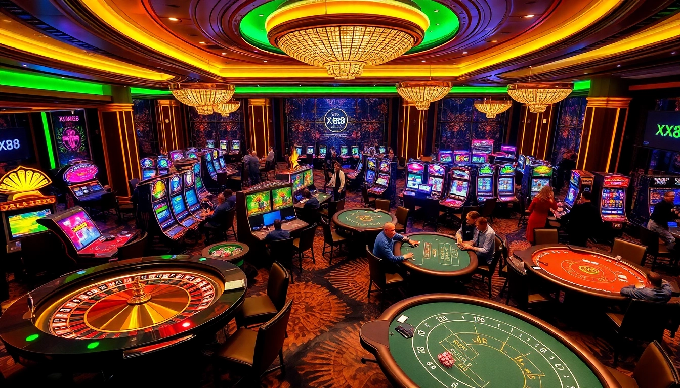 Experience the thrill of gambling at XX88 COM with vibrant casino gaming tables and ambiance.