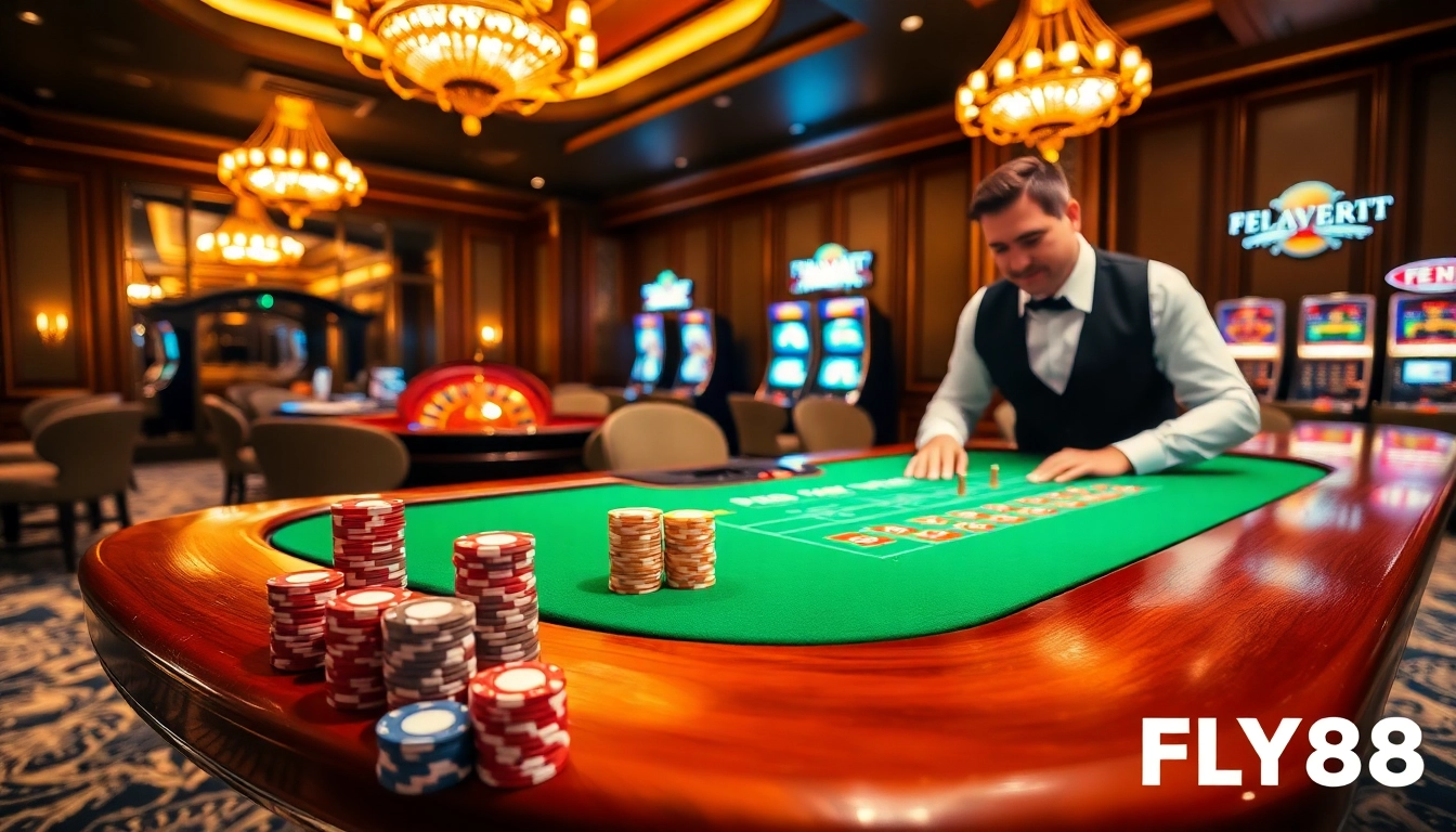 Experience FLY88 excitement at a luxurious casino poker table with vibrant chips and roulette.