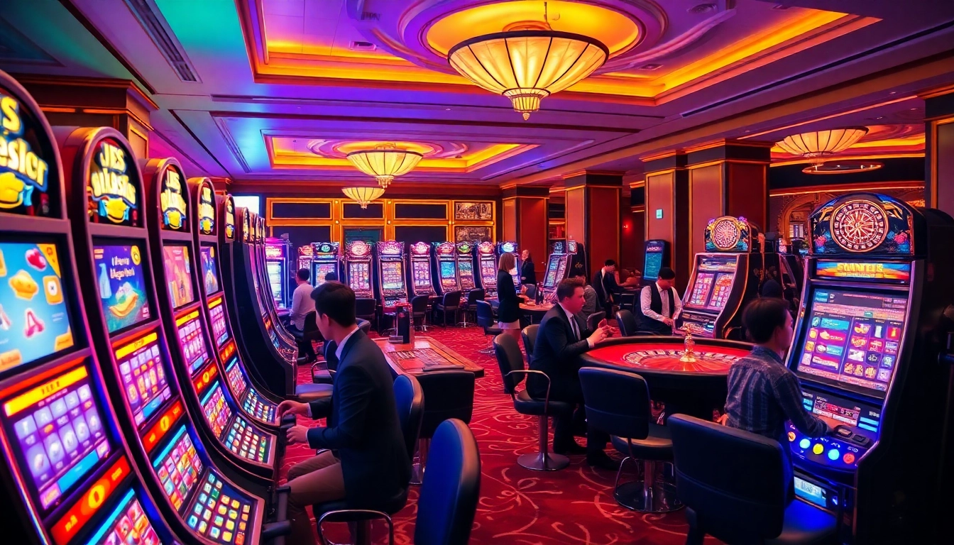 situs slot gacor players enjoying vibrant slot machines in a luxurious casino atmosphere